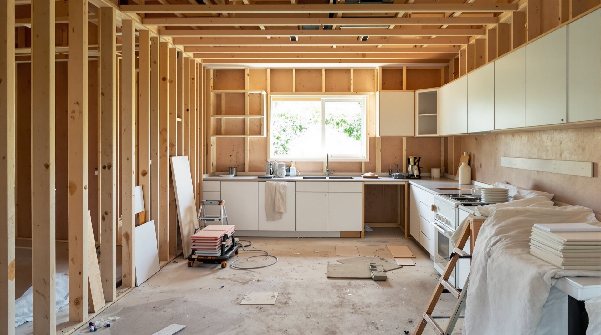 A residential Australian kitchen mid-renovation, with exposed timber framing and dust sheets visible. Editorial illustration.